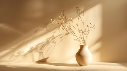 Aufkleber - Flowers in vase shade silhouette on a neutral beige textured wall and floor background aesthetic sun light shadow empty template for home room interior product mockup with copy space : Generative AI