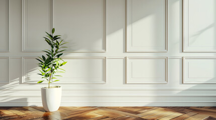 Poster - White classic wall background brown parquet floor home furniture detail frame and vase of plant : Generative AI