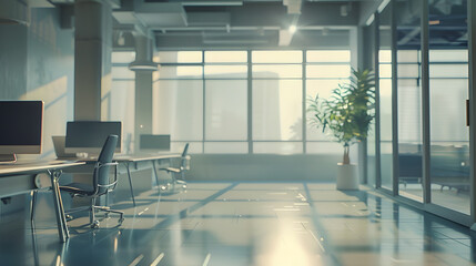 Poster - Modern empty elegant office with windows and workplaces Mixed media : Generative AI