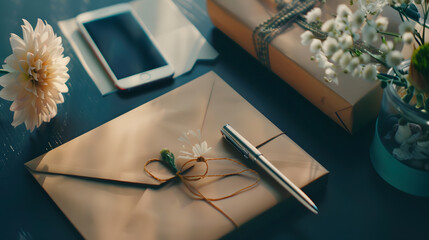 Poster - Envelope gift box mobile phone pen and flower on the table : Generative AI
