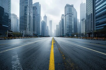 city road. empty city street with modern skyscrapers in urban landscape