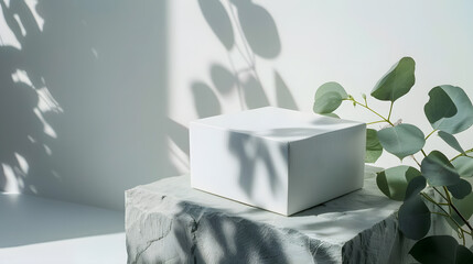 Fototapete - White empty box on texture stones with eucalyptus on light background with shadow Podium or showcase concept for product presentation sale or advertising banner Copy space : Generative AI