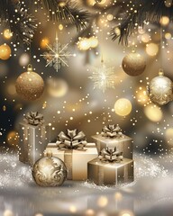 Canvas Print - New Year Card with Christmas Gifts, Balls, and Snowflakes in Gold and Light