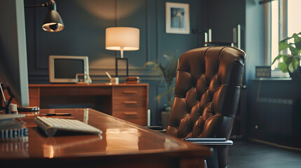 Aufkleber - Directors office with large wooden table leather armchair and PC Interior design : Generative AI