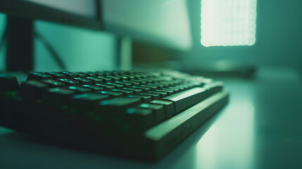Poster - Work place concept Screen computer desktop with keyboard in office or coworking background : Generative AI