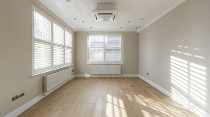 Canvas Print - Brand New Refurbished bedroom with laminated wood flooring flash white painted walls blinds beautiful ceiling light in London UK : Generative AI