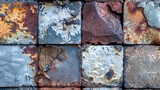 Fototapeta Tulipany - A detailed montage of various aged metal surfaces and weathered bricks, each panel displaying unique corrosion, paint, and texture patterns.