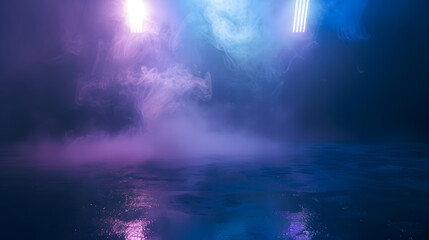 Poster - Dark stage shows blue and purple background an empty dark scene laser beams neon spotlights reflection on the asphalt floor studio room with smoke floating up for display products : Generative AI