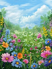 Aufkleber - A colorful painting depicting a field filled with blooming flowers in various shades and sizes. Generative AI
