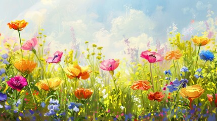 Aufkleber - Colorful flowers in full bloom cover a meadow in this vibrant painting. Generative AI