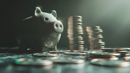 Fototapete - A sad piggy bank behind stacks of euro coins symbolizing the fall of monetary assets White moneybox with coins graph Crisis concept : Generative AI