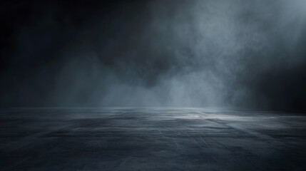 Poster - Abstract image of dark room concrete floor Black room or stage background for product placementPanoramic view of the abstract fog White cloudiness mist or smog moves on black backgroun : Generative AI