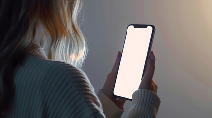 Leinwandbilder - Mockup image of a woman holding mobile phone with blank white desktop screen : Generative AI