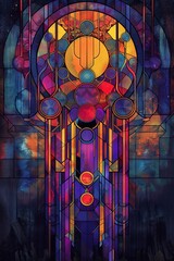 Wall Mural - A colorful stained glass window with a blue sky background