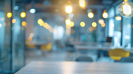 Poster - Modern business office without people with blurred bokeh background tables chairs computers copy space High quality photo : Generative AI