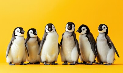 Cute funny penguin group on a yellow background