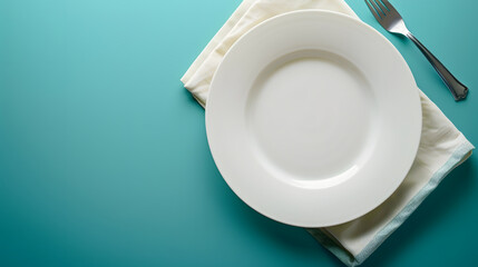 Aufkleber - Top view on colored background empty round white plate on tablecloth for food Empty dish on napkin with space for your design : Generative AI