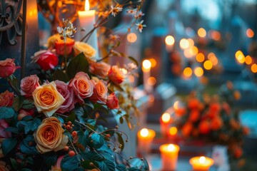 Poster - Romantic display of roses and blooms illuminated by soft candlelight at dusk