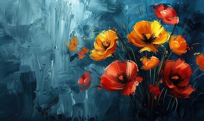 Wall Mural - Large orange flowers on a blue background oil painting