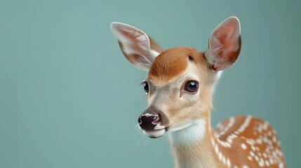 Wall Mural -  A zoomed-in photo of a small deer's face against a blue background or a lighter green one