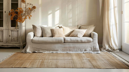 A serene living room adorned with soft neutral colors, featuring a cozy linen sofa and an aged vintage rug in soothing beige hues.