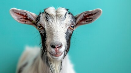 Wall Mural -   A clear shot of a goat's face on a solid blue backdrop with a subtle blur effect on the animal's visage