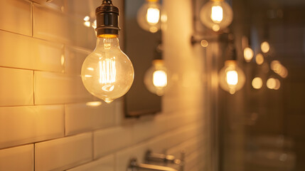 Poster - Light bulbs used to decorate the walls in the bathroom : Generative AI