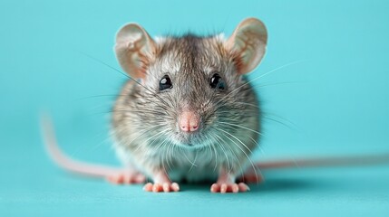 Wall Mural -   A high-focus photo of a mouse on a blue backdrop with a slightly out-of-focus depiction of its facial features