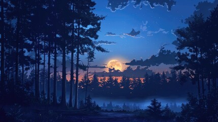 Sticker - Nature Night. Forest Landscape Against the Night Sky with Sunset and Clouds