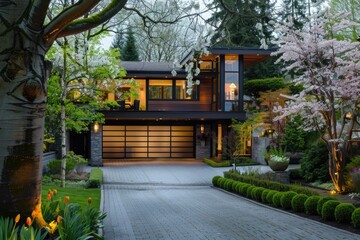 Trees House. Contemporary Green Estate with Elegant Driveway and Bloomed Garden