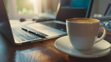 Aufkleber - work office desk with a cup of coffee computer laptop notebook pen : Generative AI