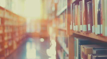 Fototapete - Blurred public library interior space Defocused bookshelves with books  vintage tone Learning and education concept background : Generative AI
