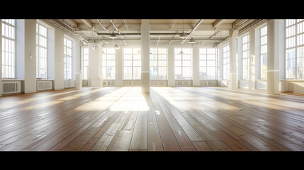 Wall Mural - A spacious empty hall with columns and large windows A gym with wooden floors for yoga and fitness classes Interior design of the fitness center A large room without furniture : Generative AI