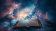 Abra o antigo livro da Bíblia sobre o fundo mágico do céu da galáxia. Religião, luz de Deus, verdade, iluminação espiritual, amor de Deus e conceito de graça