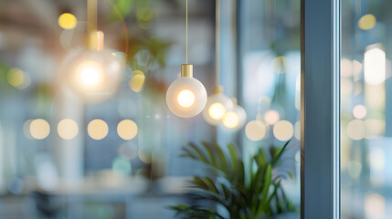 Aufkleber - Beautiful blurred background of a light modern office interior with panoramic windows and beautiful : Generative AI