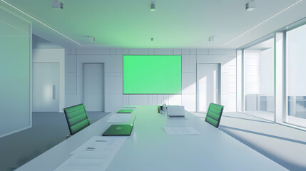 Poster - Modern Empty Meeting Room with Big Conference Table with Various Documents and Laptops on it on the Wall Big TV with Green Chroma Key Screen Contemporary Minimalistic Designed Workplac : Generative AI