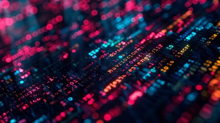 a computer screen with a lot of code on it. the code is in different colors and is very complex. con