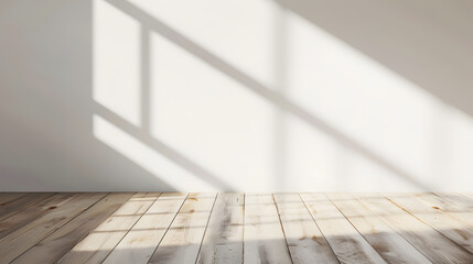 Leinwandbilder - Aesthetic geometric sunlight shadows on white textured wall and beige wooden floor empty template for home room interior product background for branding design showcase copy space : Generative AI