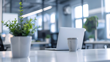 Poster - Close up view of comfortable office desk with laptop mug tree pot office supplies and copy space on white table in glass partition office : Generative AI