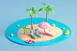 Summer vacation concept. Palm trees on beach and deck chairs on miniature island