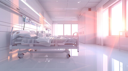 Poster - Recovery Room with beds and comfortable medical Interior of an empty hospital room Clean and empty room with a bed in the new medical center : Generative AI