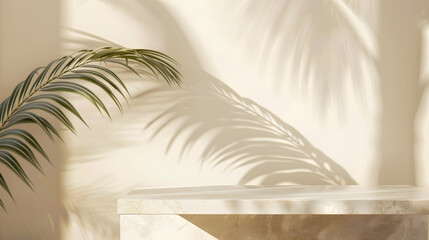Aufkleber - Tropical palm tree shadow on cream wall and luxury marble table for product placement Natural layout design background Abstract summer light cosmetic stand mockup : Generative AI