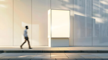 Man walking by evening empty shop window with podium inside for your product presentation on glowing white background in modern building area outdoors mock up : Generative AI