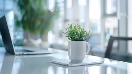 Poster - Close up view of comfortable office desk with laptop mug tree pot office supplies and copy space on white table in glass partition office : Generative AI