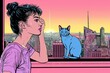 A woman with a blue cat looking out a window at a pink and orange cityscape.