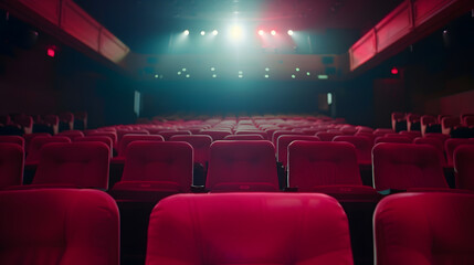 Aufkleber - stage light hitting red cloth seats in theater  movie theater : Generative AI