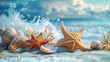 Starfishes with sea shell and coral, Summer sea background