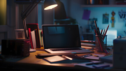 Fototapete - laptop computer with screen and stationery on dark table : Generative AI