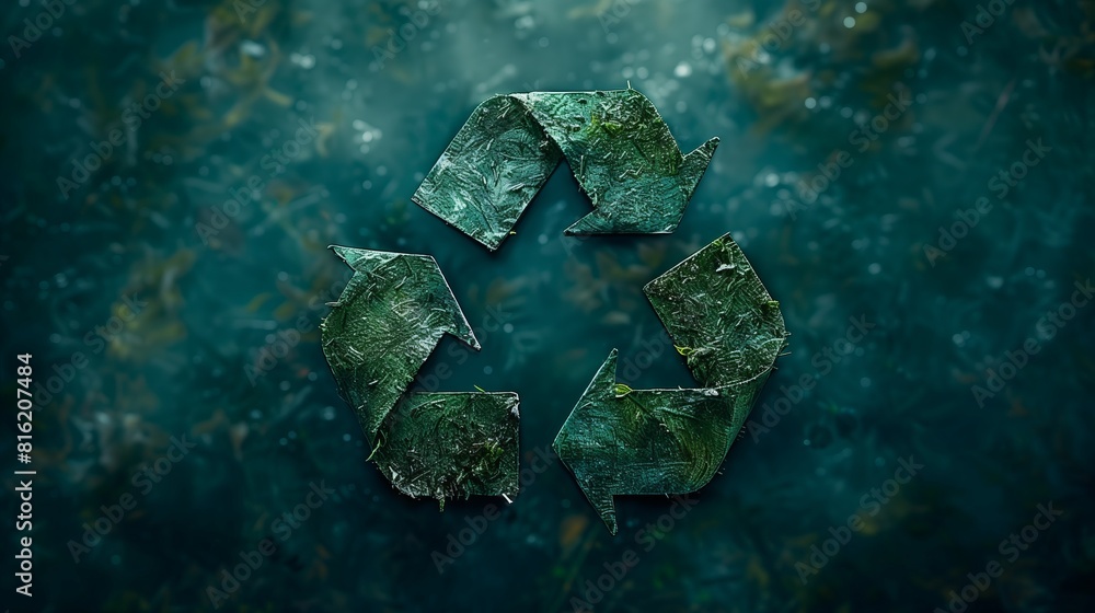 Artistic green recycling symbol textured with leaves over a dark ...