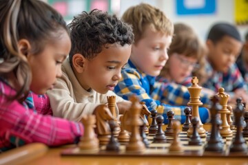 Diverse Group of Children Engaged in a Chess Game in a Classroom